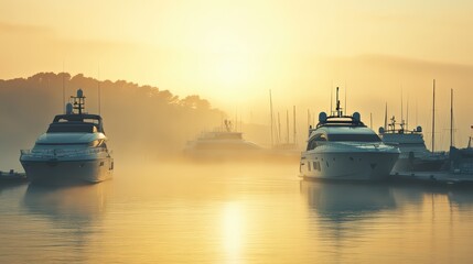 Fototapeta premium Serene sunrise over yachts in a misty harbor, casting reflections on calm waters, perfect for travel and lifestyle themes.