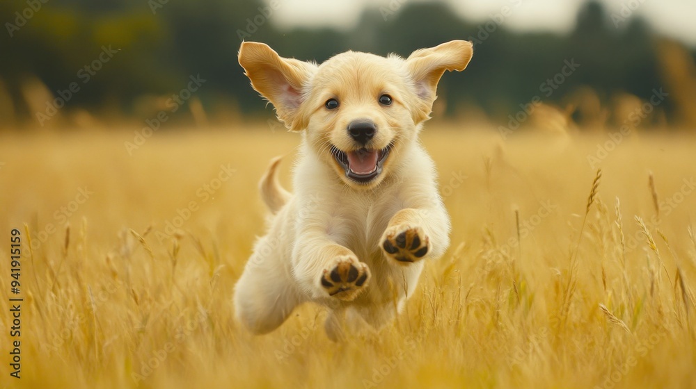 Poster A playful puppy bounding through a field, with its ears flopping and a sense of excitement in its movements.