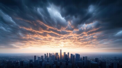 Fototapeta premium A city skyline under a dramatic sunset with layers of cirrus and cumulus clouds overhead, photorealistic, hyper-resolution, observing atmospheric beauty