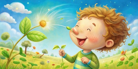 Sneezy Sprout: Child sneezing with a sprout nose, joy, vibrant, whimsical, green