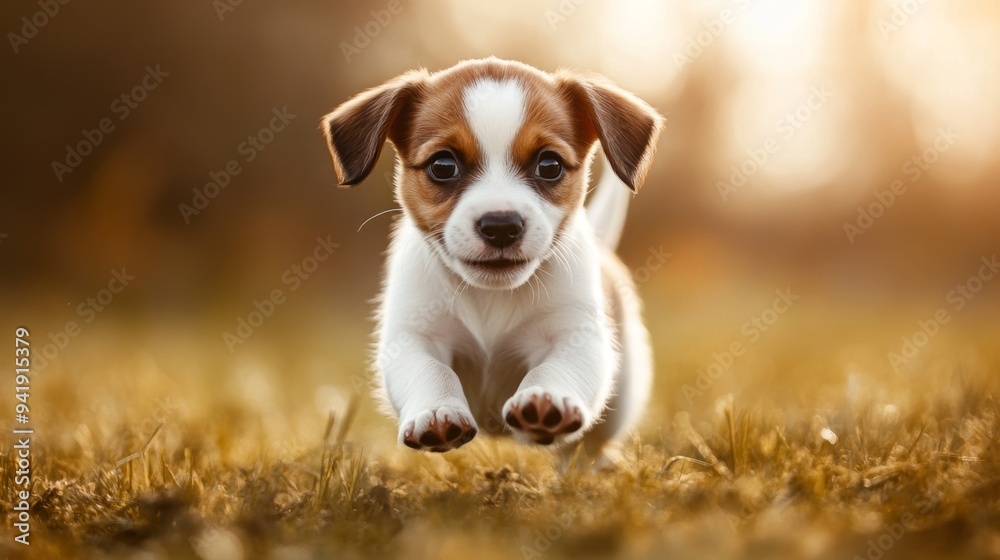 Aufkleber a playful puppy bounding through a field, with its ears flopping and a sense of excitement in its mo