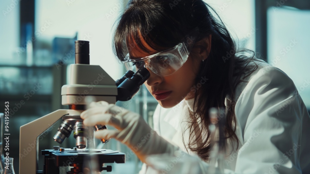 Poster A female scientist in a lab coat and goggles is seen examining samples with precision and dedication under a microscope in a modern laboratory, showcasing her commitment to research work