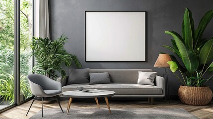 Mockup Poster Frame in a Modern Home Office Interior, Showcasing a Stylish Workspace Design with a Focus on Productivity and Creativity, Perfect for Remote Work and Professional Development in a Conte