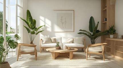 Fototapeta premium A Scandinavian-inspired living room with light wood furniture, white walls, and green plants, offering a fresh and airy feel.