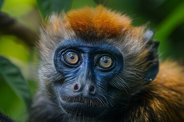 Obraz premium a Rhinopithecus monkey, its blue face framed by its thick golden fur, looking directly at the camera with curious eyes