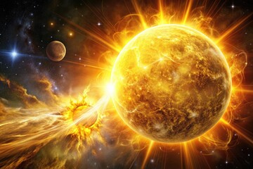 Obraz premium Solarian Eruption: Solar sphere emitting blinding energy, explosive solar flares, gold and yellow hues, celestial phenomenon.