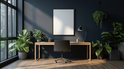 Mockup Poster Frame in a Modern Home Office Interior, Showcasing a Stylish Workspace Design with a Focus on Productivity and Creativity, Perfect for Remote Work and Professional Development in a Conte