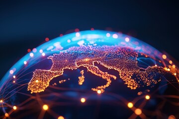 A vibrant globe showcasing Europe with glowing connections, symbolizing technology, innovation, and global communication.