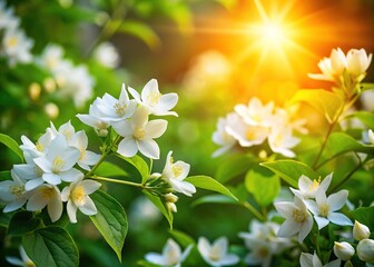 Fototapeta premium Delicate white jasmine flowers unfold amidst lush green foliage, filling the air with sweet fragrance as morning sunlight filters through, casting a serene ambiance.