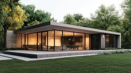 Obraz premium Wide view of a minimalist home exterior with clean lines, large glass windows, and a simple, modern design -
