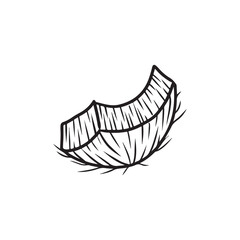 Realistic part of coconut for eating in black isolated on white background. Hand drawn vector sketch illustration in doodle engraved vintage line art style. Ingredient for cocktail, bakery, desserts