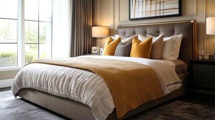 A stylish bedroom with a modern bed frame, plush bedding, and coordinated throw pillows, showcasing a chic and cozy design.