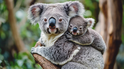 Fototapeta premium Koala Mother and Baby Cuddle in a Tree