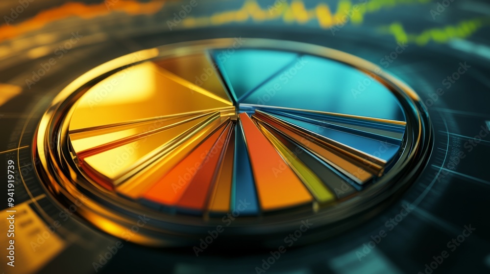 Poster a top-down view of a 3d pie chart representing different financial sectors, with shiny, metallic seg