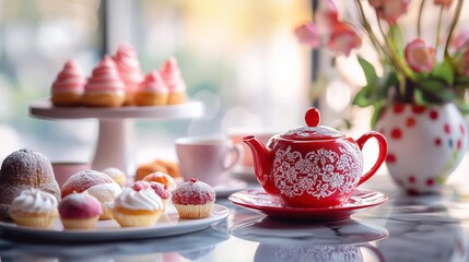 Fototapeta premium A red tea set and colorful pastries create a cozy café scene bathed in soft natural light.
