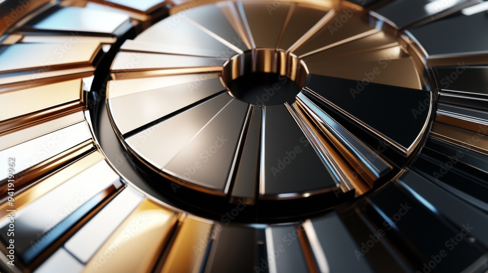 Poster a top-down view of a 3d pie chart representing different financial sectors, with shiny, metallic seg