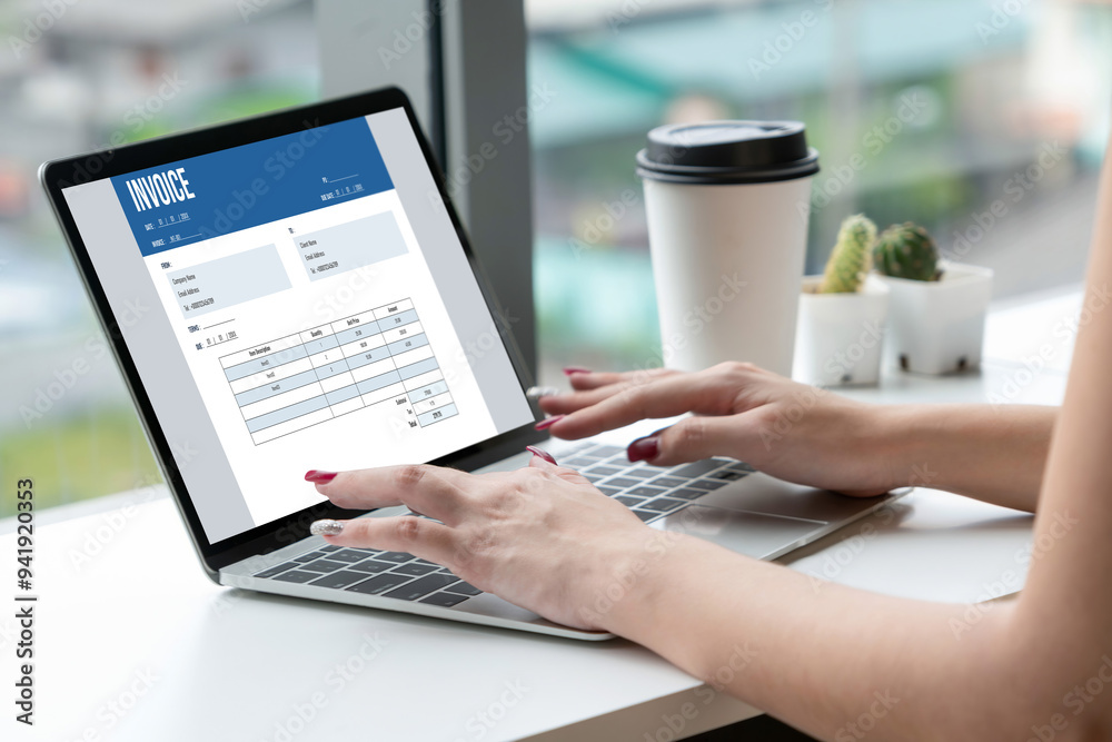 Poster invoice on computer screen from accounting application. computer program for financial and budget of