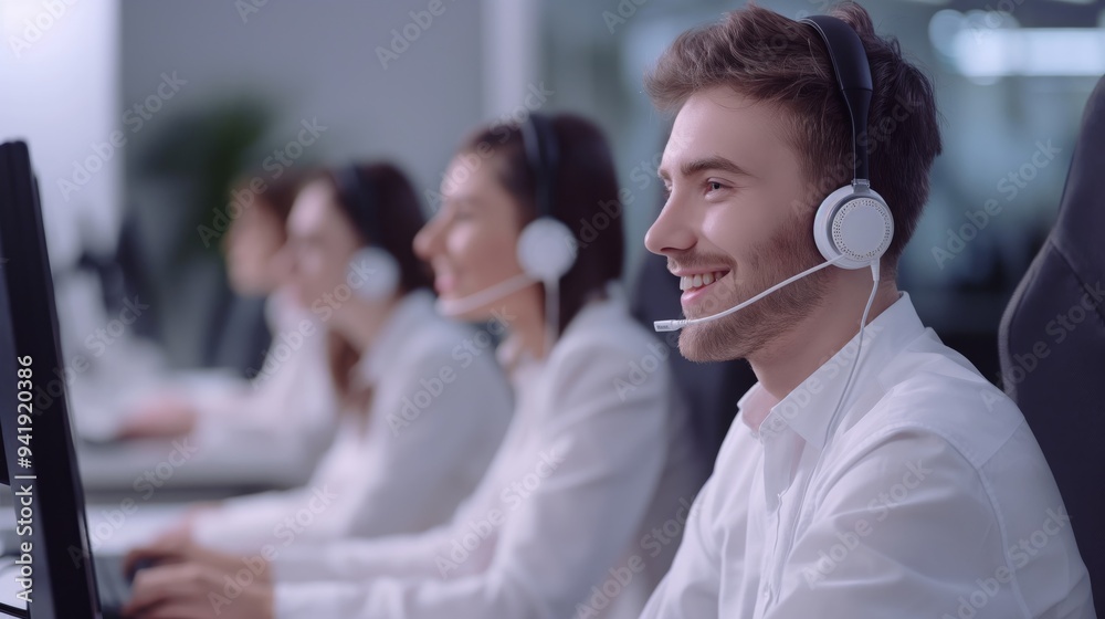 Aufkleber a team of customer support professionals wearing headsets are working at their computers in a modern