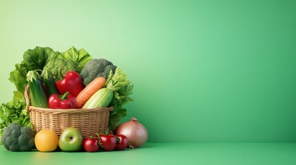 Fresh Vegetables in Wicker Basket on Green Background