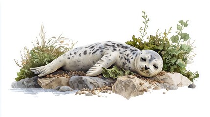 Obraz premium A serene seal rests among rocks and greenery, showcasing the beauty of marine life in a tranquil coastal setting.