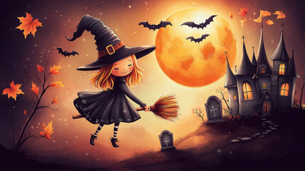Halloween greeting card, Cute witch flying on a broom whose silhouette is seen against the light of the orange big full moon ,witch hat, witch castle, maple leaf , grave with copy space on gradient pu