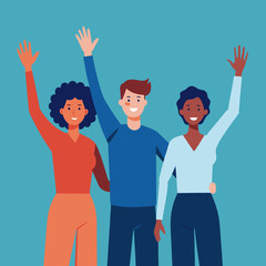 Diverse Group of People Smiling and Waving in Unity - Vibrant Flat Illustration Celebrating Togetherness and Community
