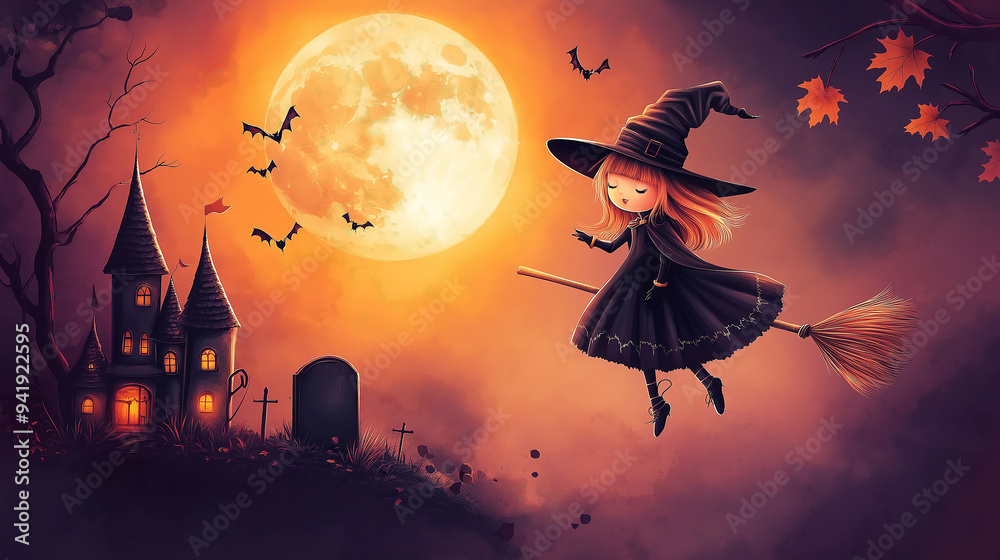 Wall mural halloween greeting card, cute witch flying on a broom whose silhouette is seen against the light of 