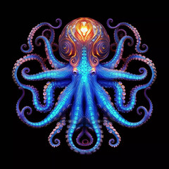 Obraz premium Cthulhu. Luminescent ornate octopus isolated on a black background