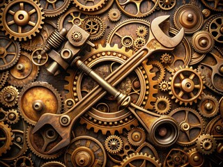 Steampunk Odyssey: Intricate brass wrenches adorned with gears and steam valves, evoking the Victorian era of innovation and imagination.