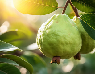 Close up of guava on branch in the garden with sunlight. Psidium guajava (lemon guava, apple guava).