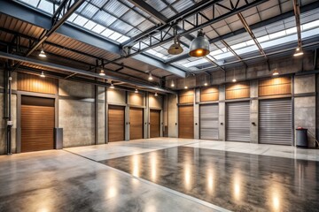 Obraz premium Sturdy Industrial Garage Haven: Concrete floors, rugged steel doors, soaring ceilings, warm lighting, monochrome