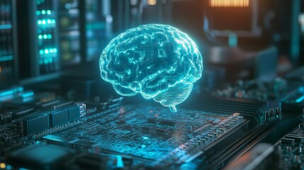 Brain is glowing above the circuit board and computing unit