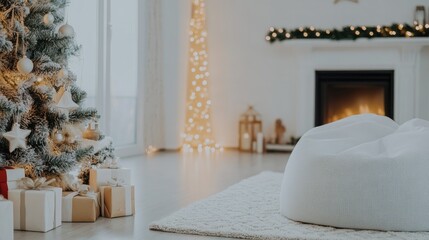 A spacious, round beige boucle bean bag chair invites relaxation in a boho-inspired living room featuring earthy wooden furniture and a stylish pampas grass arrangement