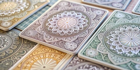 Obraz premium Subtle Card Game: Soft, muted colors, close-up of intricate card designs, quiet atmosphere