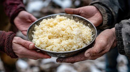 A bowl filled with rice is offered to someone in need as a gesture of support