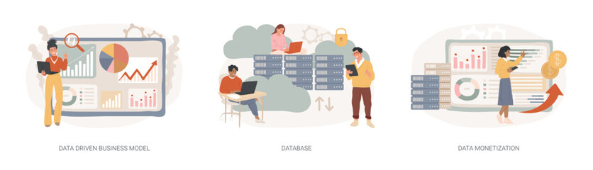 Data business strategy isolated concept vector illustration set.