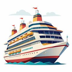 Luxury Cruise Ship Illustration Detailed Vector Design with Multi-Decks and Lifeboats on White Background