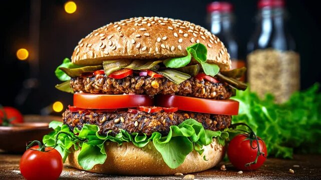 Delicious Vegan Burger with Fresh Vegetables: Healthy and Tasty Soy Protein Patty for a Wholesome Plant-Based Meal