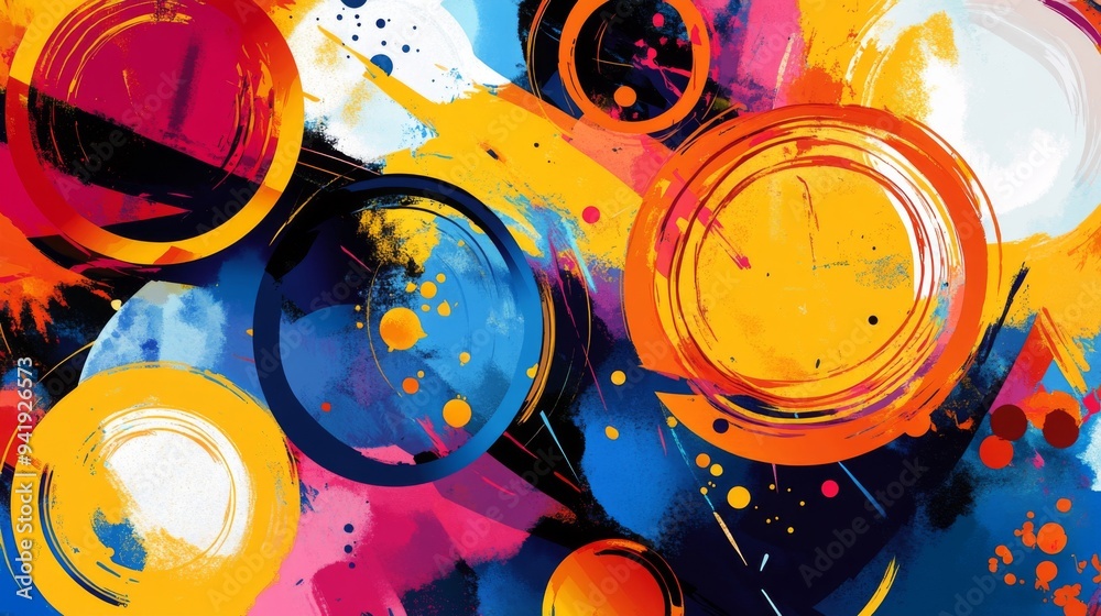 Aufkleber A vibrant, abstract design with overlapping circles and splashes of color, creating a playful and energetic visual effect.
