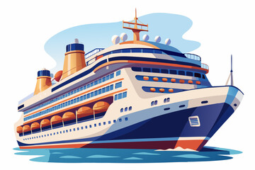 Luxury Cruise Ship Illustration Detailed Vector Design with Multi-Decks and Lifeboats on White Background