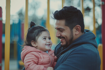 smiling hispanic father with his daughter happy toddler wearing pink coat large smile, complicity, on a playground closeup shot of latino american family looking to each other happiness cheerful fall