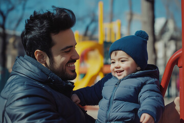 Fototapeta premium smiling hispanic father with his son happy toddler wearing blue coat and hat large smile, complicity, on a playground closeup shot of latino american family happiness cheerful fall
