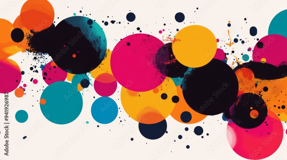 Poster A vibrant, abstract design with overlapping circles and splashes of color, creating a playful and energetic visual effect.