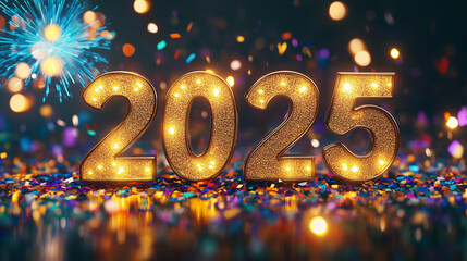 Golden New Year 2025: Photorealistic Celebration with Fireworks and Confetti