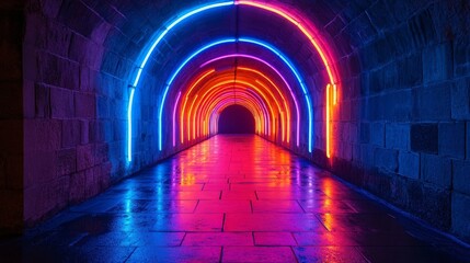 Futuristic Neon Corridor with Glowing Arches and Reflective Tiles