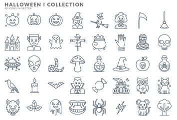 Halloween icon set 
monsters witches werewolves bats pumpkins broom owl and others. See more on our profile