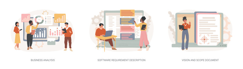 Project development specifications isolated concept vector illustration set.