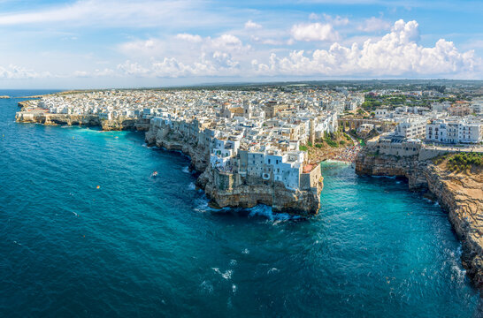 Aerial view of Polignano a Mare, a picturesque coastal town in Puglia, Italy.