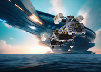 Futuristic shuttle approaching ocean complex, illustration