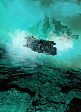 Shuttle flying over industrial complex on asteroid, illustration